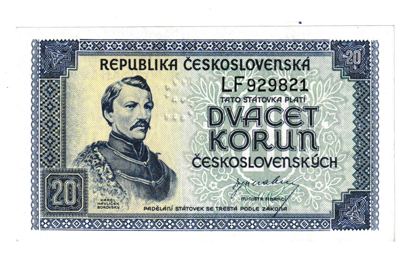 1945 20 kčs Borovský séria LF Stav N perforácia S