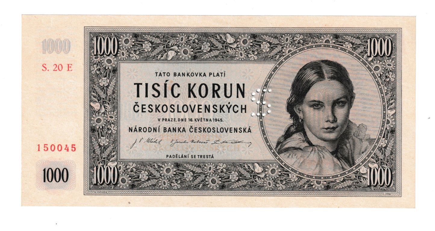 1945 1000 kčs séria S Stav N perforácia S