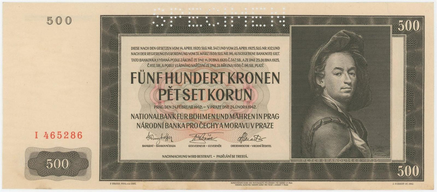 1942 1000 Korún Protektorát Čechy a Morava Speciman AUNC