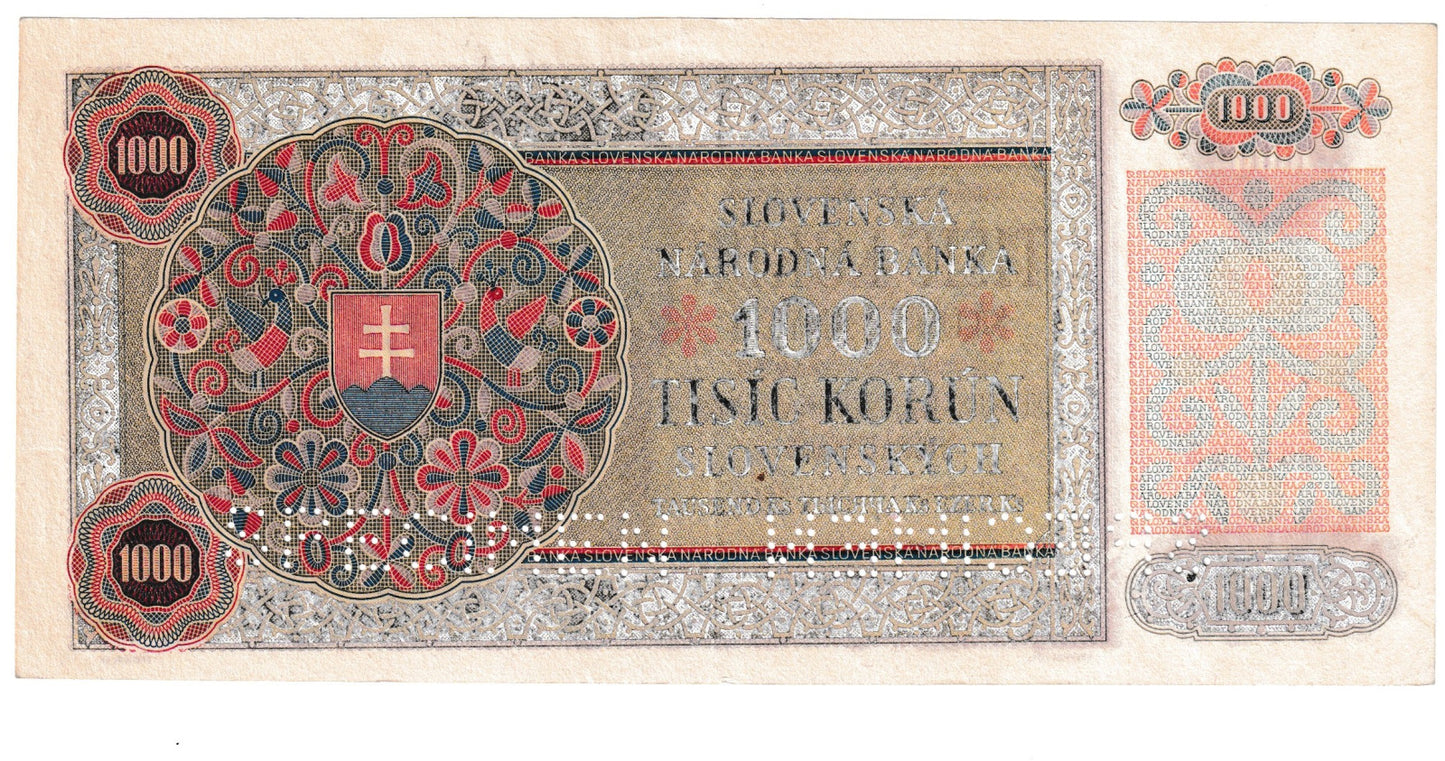1940 1000 korun Slovenský štát séria 2o1 SPECIMEN kolok Masaryk