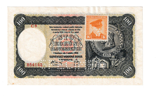 1940 100 korún C9 Specimen kolok Masaryk