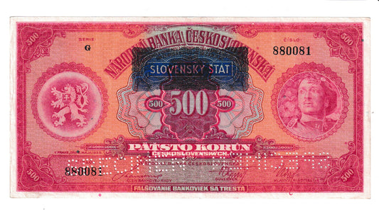 1939 500 Korún Slovenský Štát séria G Specimen
