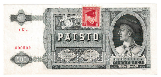 1941 500 korún 1Kn Specimen dvakrát dole s kolkom