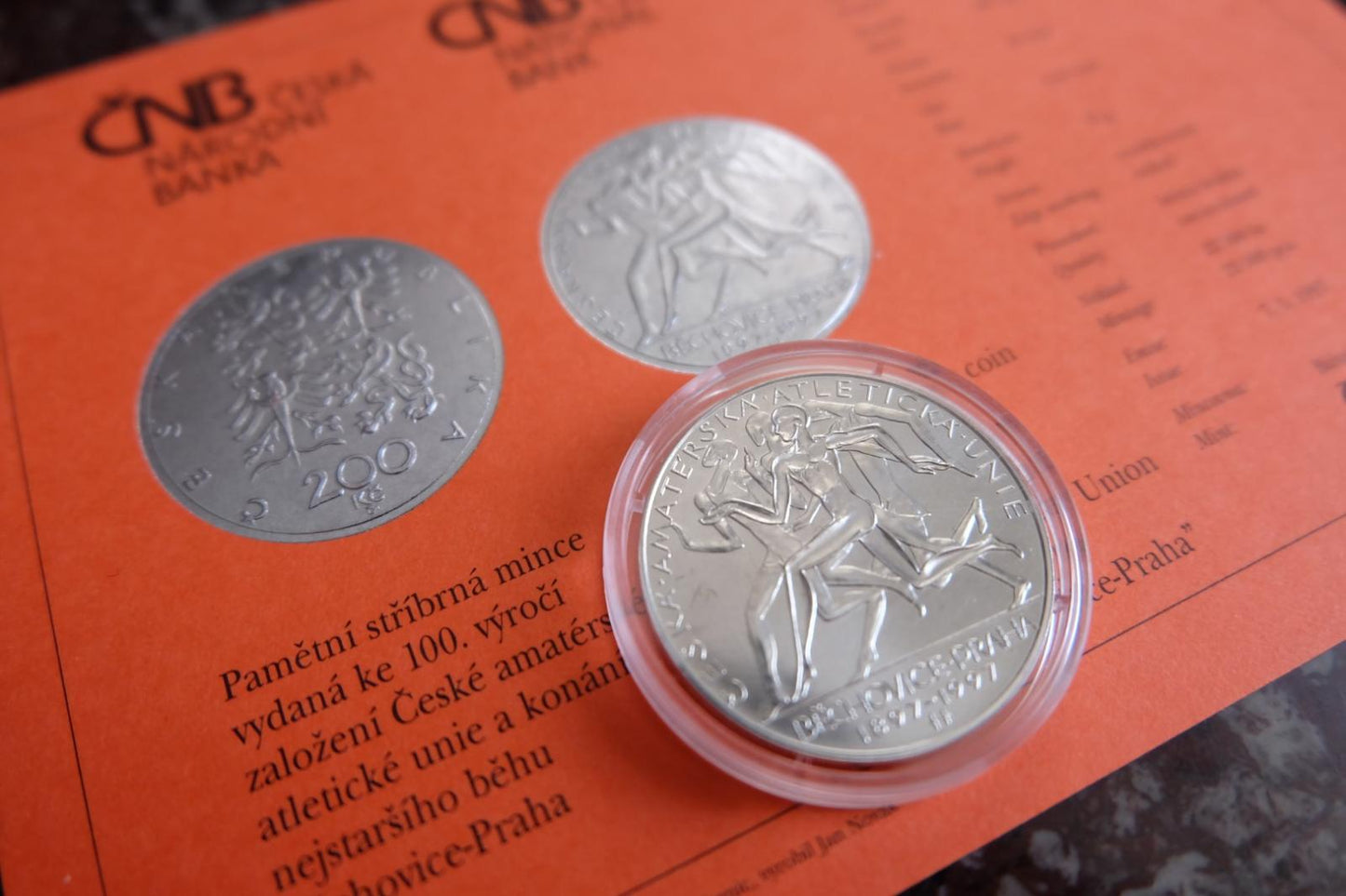 1997 Pamätná strieborná minca. 200 kč. 100 výročie založenia Českej a. atletickej únie ...