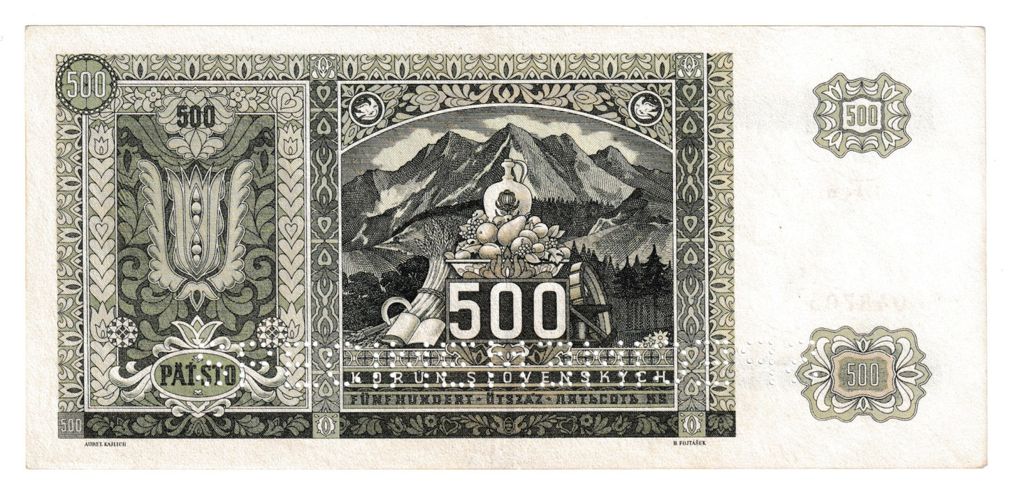 1941 500 korún 1Kn Specimen dvakrát dole s kolkom