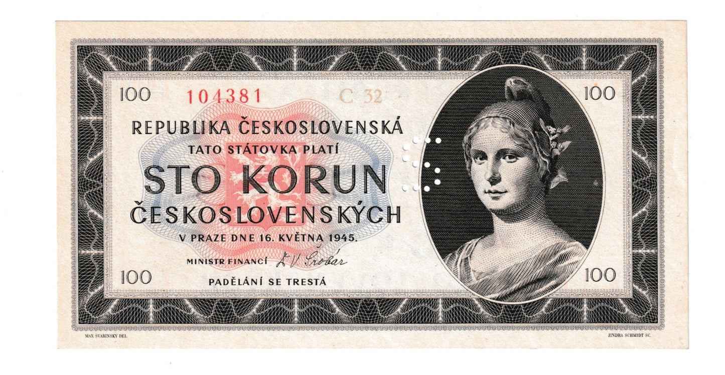 1945 100 kčs séria C32 perforácia S Aunc