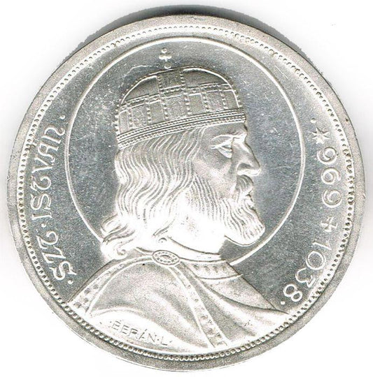 1938 Strieborná minca 5 Pengo Sv. Štefan